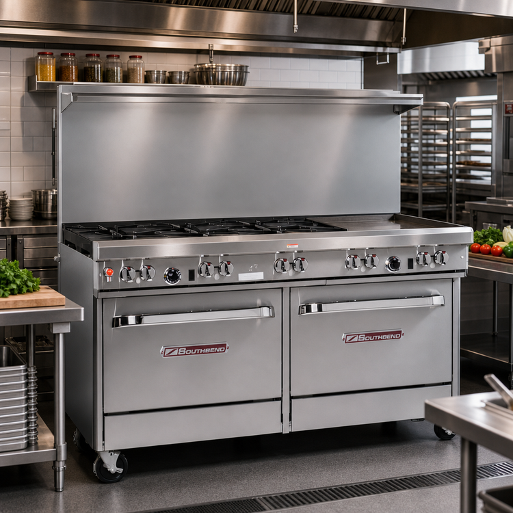 Product image #2 for Southbend Ultimate 60-Inch Commercial Gas Restaurant Range with 4 Open Burners, 36-Inch Thermostatic Griddle, and 2 Cabinet Bases