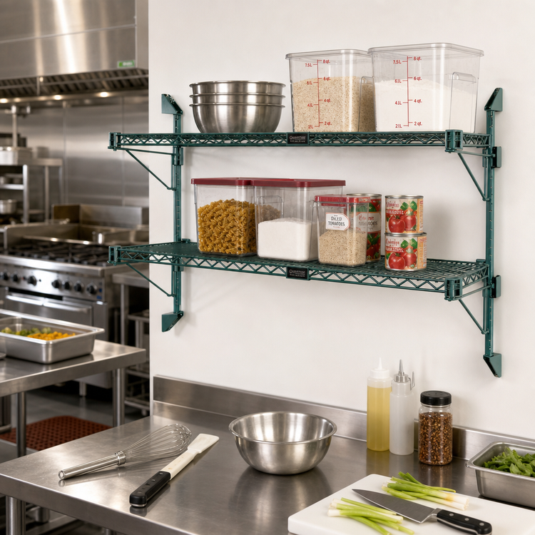 Product image #2 for Quantum WC34-CB1430P Cantilever Double Shelf Wall-Mount Wire Shelving Unit, 2 x 30 x 14 Shelves, Green Epoxy Finish