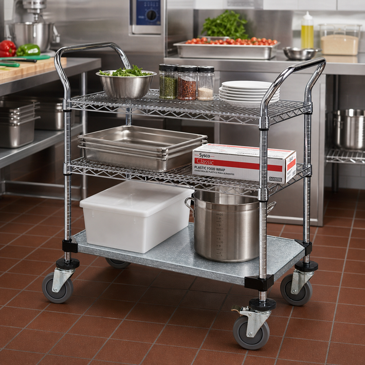 Product image #2 for Quantum 3-Shelf Chrome-Plated Utility Cart with 2 Wire Shelves and 1 Galvanized Solid Shelf, 48 x 18 Inches