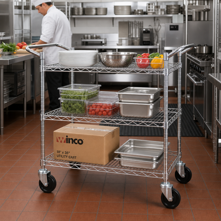 Product image #2 for Winco 3-Tier Chrome Plated Wire Utility Bus Cart, 18 x 36 Inches, 800 lb. Capacity