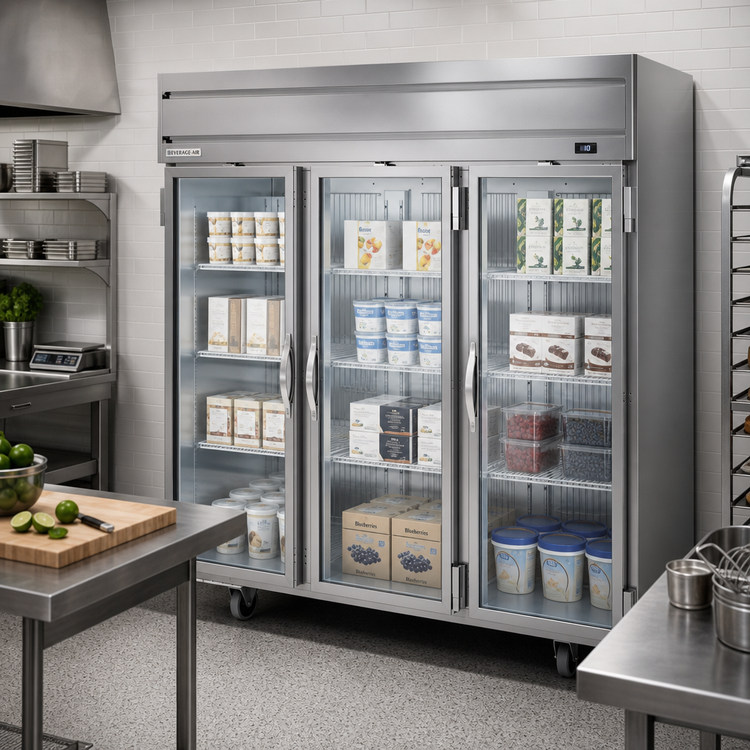 Product image #2 for Beverage Air Horizon Series Three-Section Reach-In Glass Door Freezer, 69.1 Cu. Ft., Top-Mounted Self-Contained Refrigeration