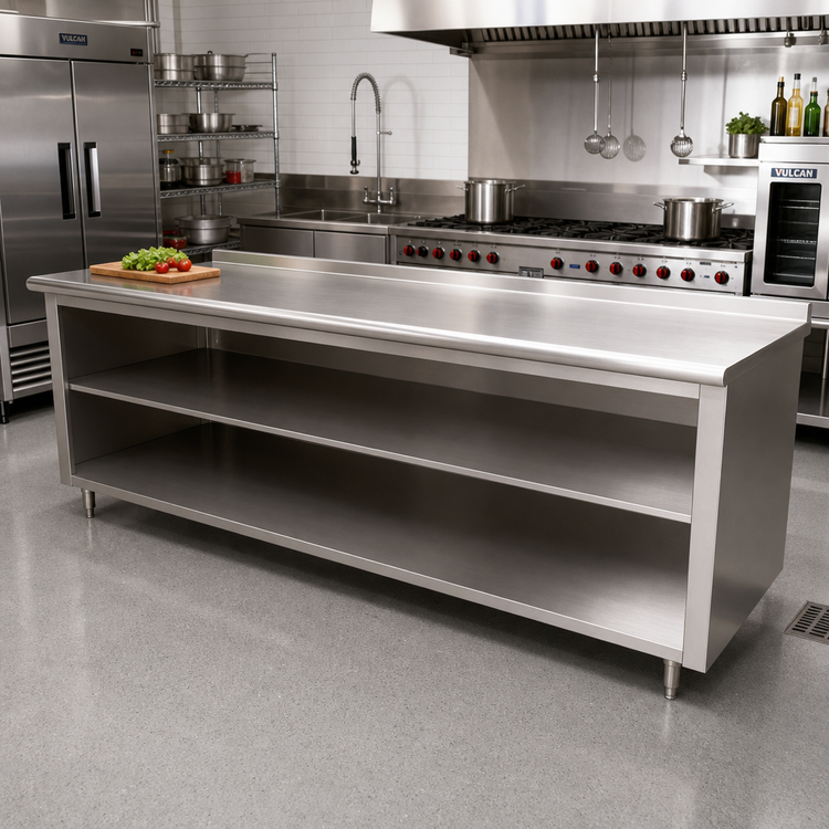 Product image #2 for Advance Tabco Stainless Steel Open Front Cabinet Base Work Table with Mid-Shelf, 108 x 36 Inches