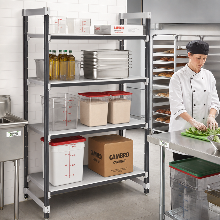 Product image #2 for Cambro Camshelving Elements XTRA 4-Tier Solid Stationary Starter Polymer Shelving Unit, 24" x 48" x 72"