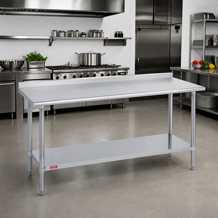 Product image #2 for Duke 144-Inch x 36-Inch 16-Gauge 300 Series Stainless Steel Work Table with 1-1/8-Inch Riser and Stainless Undershelf