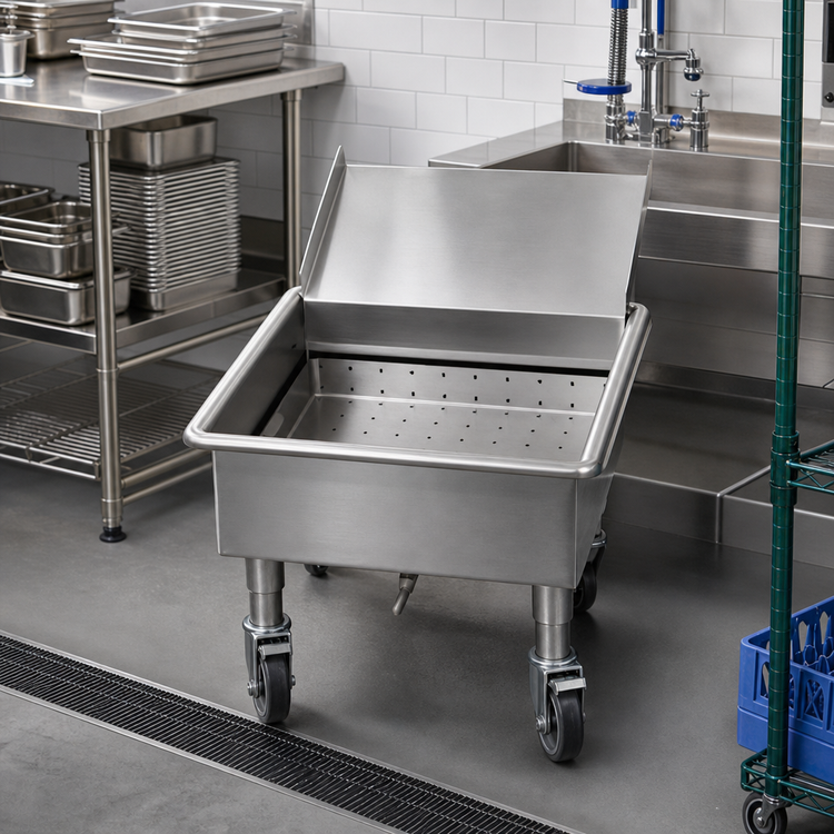 Product image #2 for Eagle Group Mobile Stainless Steel Utensil Soak Sink with Silver Chute, 20 x 20 x 8 Inch Compartment