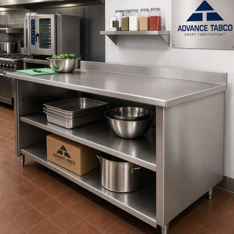 Product image #2 for Advance Tabco Special Value Series 60-Inch x 30-Inch Open Front Base Work Table with 5-Inch Backsplash and Mid-Shelf