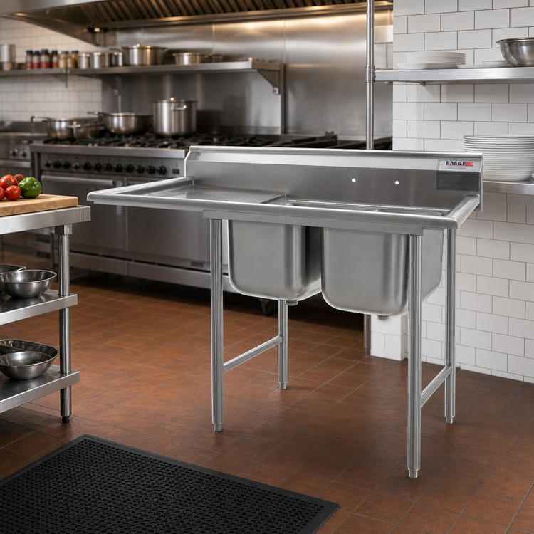 Product image #2 for Eagle Group 56-5/8-Inch Two-Compartment Floor Model Stainless Steel Sink with 18-Inch Left Drainboard