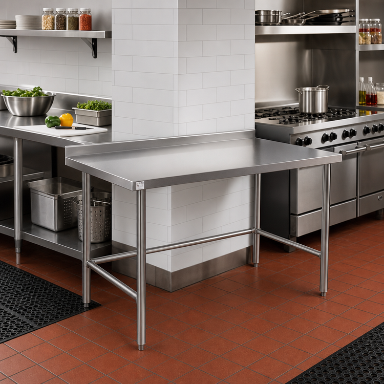 Product image #2 for Klinger's Trading 30-Inch x 30-Inch Stainless Steel Corner Work Table with Open Base and 2-Inch Rear Up-Turn