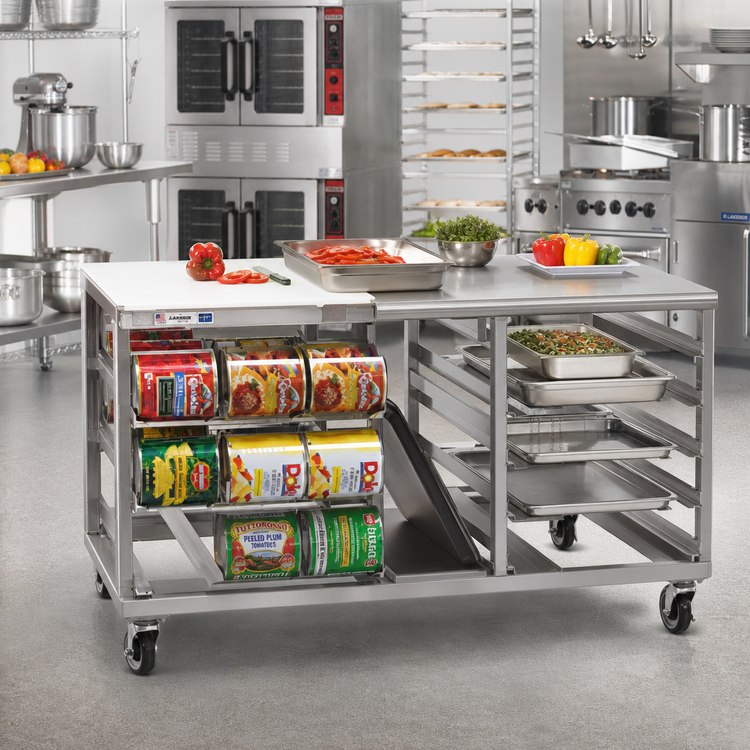Product image #2 for Mobile Five-in-One Prep Table with Can Storage, Universal Pan Rack, and Poly Cutting Board