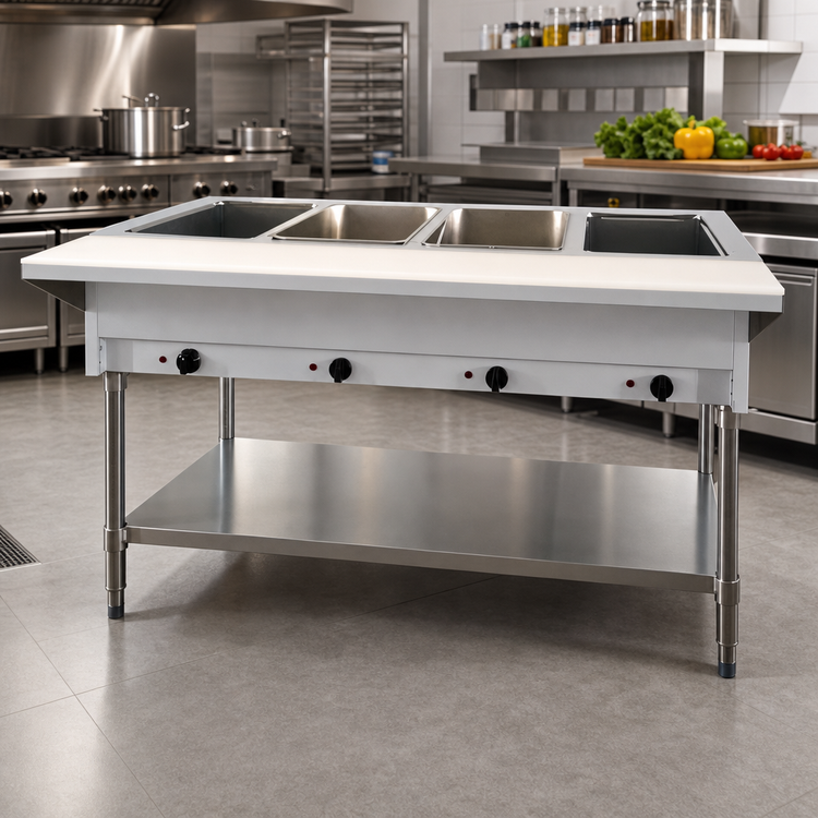 Product image #2 for Omcan Stainless Steel Open Well Electric Steam Table with Cutting Board and Undershelf, 58-Inch, 4-Pan, 240V