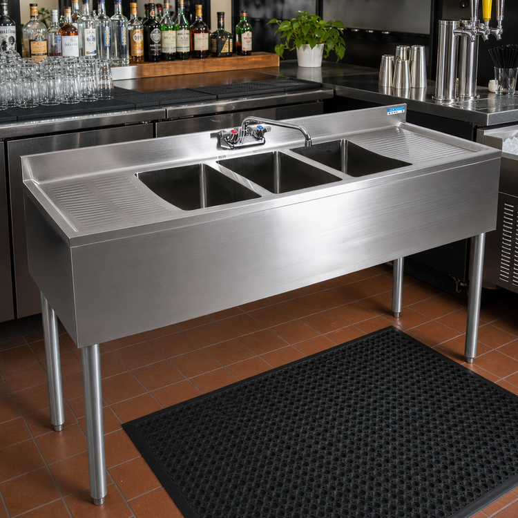 Product image #2 for BK Resources 60-Inch Three-Compartment Underbar Sink with Dual Drainboards, Backsplash, and Faucet