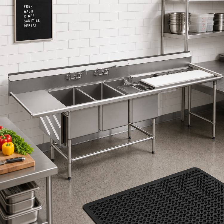 Product image #2 for Spec-Master FNP2860-3-18R-48TL Three-Compartment Prep Sink with Left Prep Area and Right Drainboard