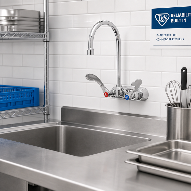 Product image #2 for T&S Brass B-1146-04-CR Wall-Mount Workboard Faucet, 4-Inch Centers, 5-3/4-Inch Swivel Gooseneck, 2.2 GPM