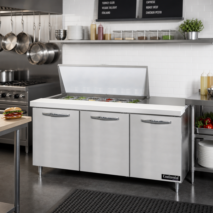 Product image #2 for Continental Refrigerator Designer Line Mighty Top 72" Three-Section Refrigerated Sandwich Prep Table