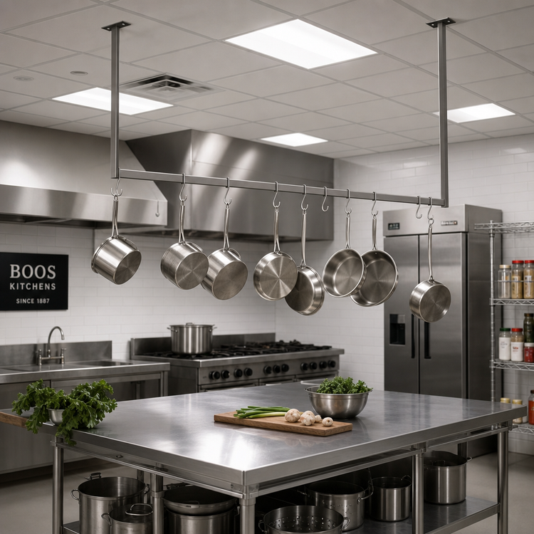 Product image #2 for John Boos Ceiling-Mounted Single-Bar Stainless Steel Pot Rack with 10 Double Hooks, 115-1/4 Inch