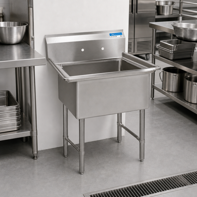 Product image #2 for BK Resources One-Compartment Stainless Steel Sink, No Drainboard, 15 x 15 x 14 Inch Bowl, 9 Inch Backsplash