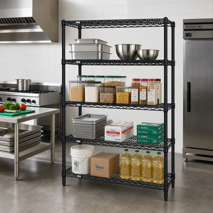 Product image #2 for Quantum 4-Shelf Wire Shelving Starter Kit, 48"W x 12"D x 86"H, Black Epoxy Antimicrobial Finish