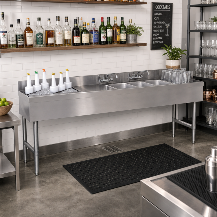 Product image #2 for Underbar Basics 96-Inch Stainless Steel 4-Compartment Bar Sink and Ice Bin Combo with Left Ice Bin