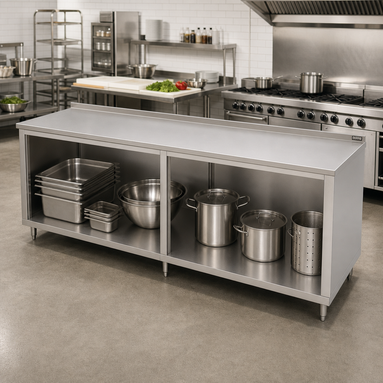 Product image #2 for John Boos 96-Inch Open Front Cabinet Base Work Table with 14-Gauge Stainless Steel Top and 1-1/2-Inch Rear Riser