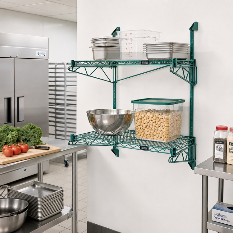 Product image #2 for Quantum Wall-Mount Cantilever Double Shelf Wire Shelving Unit, 30 x 24 Inches, Green Epoxy Antimicrobial Finish