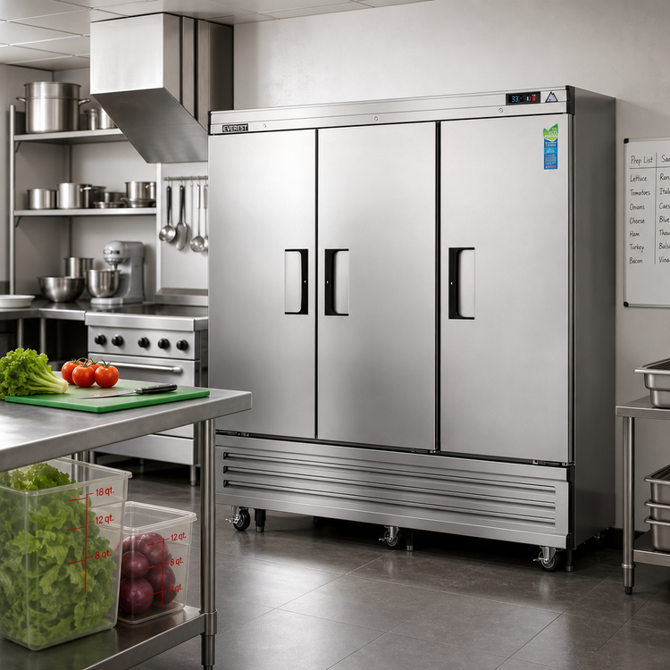 Product image #2 for Everest Refrigeration Three-Section Reach-In Refrigerator, 71 Cu. Ft., 74-3/4 Inches Wide, Bottom-Mounted Self-Contained, Solid Doors