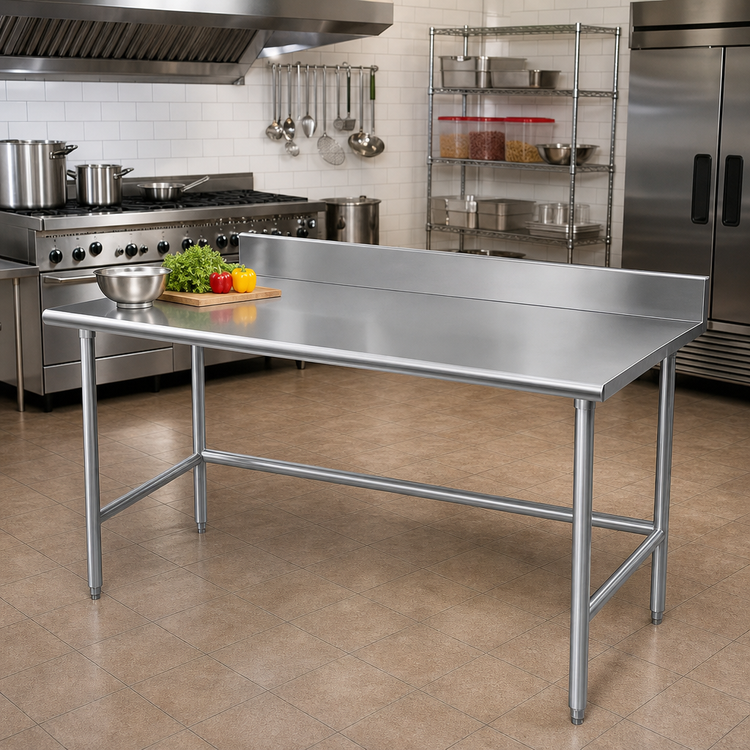 Product image #2 for Advance Tabco 120-Inch x 24-Inch Open Base Stainless Steel Work Table with 5-Inch Backsplash, 16-Gauge 430 Top