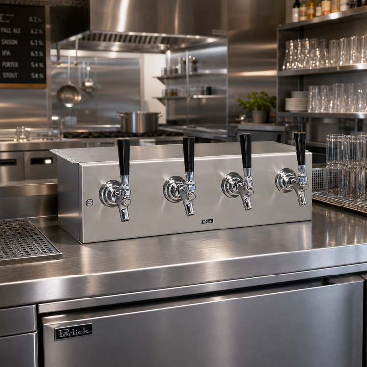 Product image #2 for Perlick 21-Inch Spacesaver Underbar Glycol-Cooled Draft Beer Dispensing Head, 4 Faucets, Stainless Steel, Bottom Lead