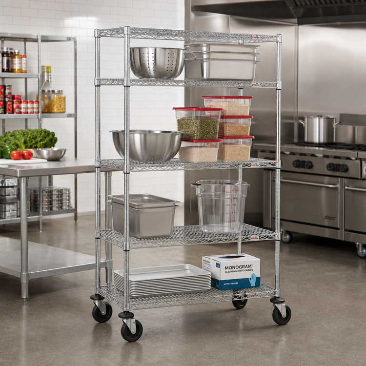 Product image #2 for Metro Super Erecta 4-Shelf Wire Stem Caster Cart, 36 x 18 x 69 Inches, Chrome, Polyurethane Casters