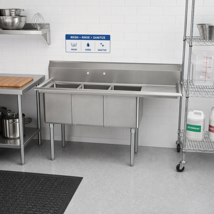 Product image #2 for Omcan 3-Compartment Stainless Steel Pot Sink with Right-Hand Drainboard and Center Drain, 48.5-Inch Wide