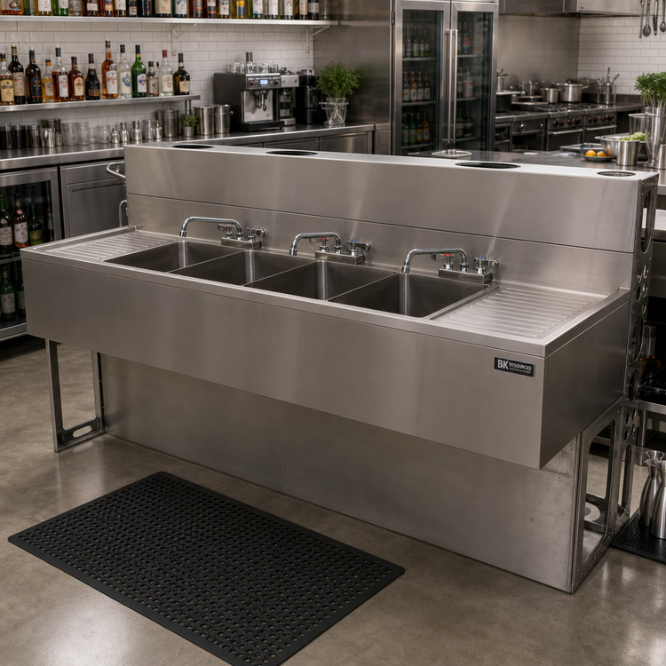 Product image #3 for BK Resources 96-Inch Four-Compartment Stainless Steel Underbar Slimline Sink with Left and Right Drainboards
