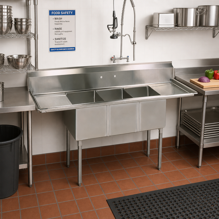 Product image #2 for 54-Inch Economy Three-Compartment Commercial Stainless Steel Sink with Left and Right Drainboards