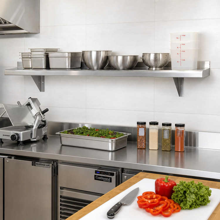 Product image #2 for Advance Tabco 120-Inch W x 12-Inch D Wall-Mounted 304 Stainless Steel Shelf, 16 Gauge, Satin Finish