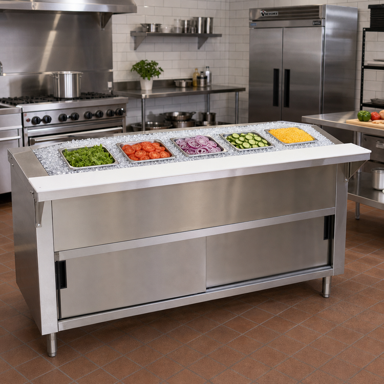 Product image #2 for Advance Tabco Triumph 77-3/4 Inch Wide Ice Cooled Serving Counter with 5-Pan Capacity, Stainless Steel Base and Sliding Doors