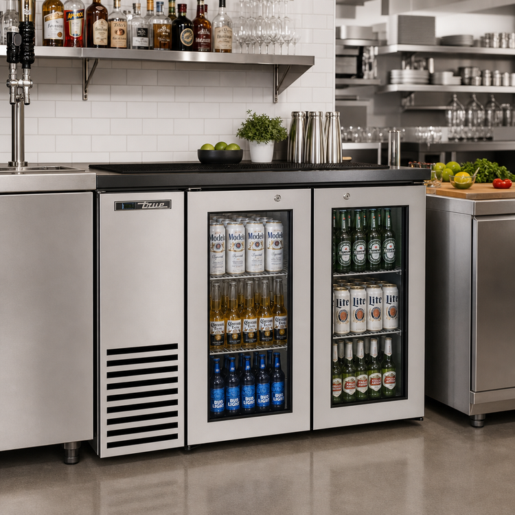 Product image #2 for True 48-Inch Two-Section Back Bar Cooler with Glass Hinged Doors and Left-Side Condensing Unit