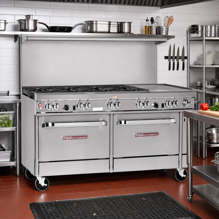 Product image #2 for Southbend Ultimate 60-Inch Gas Restaurant Range with 6 Open Burners, 24-Inch Griddle, Standard Oven, and Cabinet Base