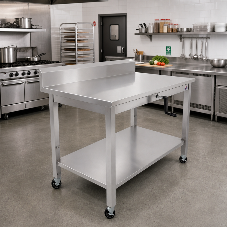 Product image #2 for John Boos ADA Adjustable-Height Stainless Steel Work Table with 5-Inch Backsplash and Casters, 60 x 30 Inches