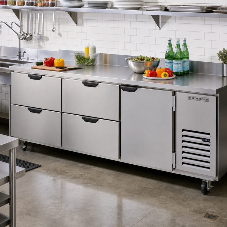Product image #2 for Beverage-Air Three-Section Worktop Refrigerator with 4 Drawers and 1 Door, 93 Inches, Side-Mounted Self-Contained, Stainless Steel