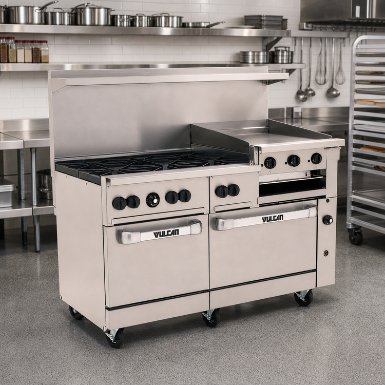 Product image #3 for Vulcan Endurance 60-Inch Gas Restaurant Range with 6 Open Burners, 24-Inch Griddle-Broiler, Standard Oven and Convection Oven