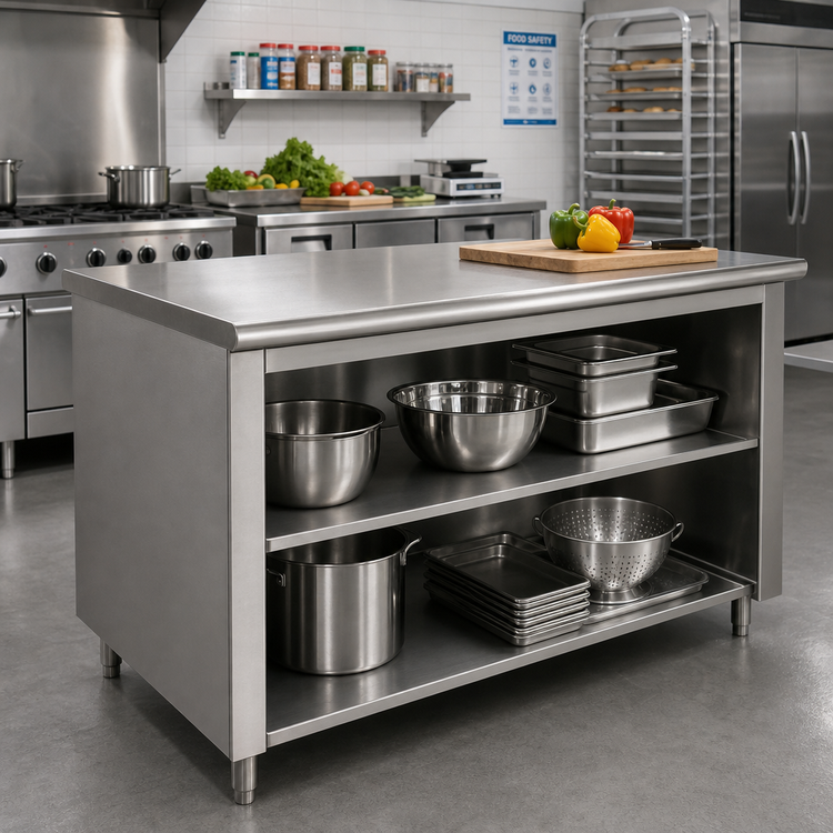 Product image #2 for Advance Tabco 60" x 24" 14-Gauge 304 Stainless Steel Work Table with Open Front Cabinet Base and Mid-Shelf