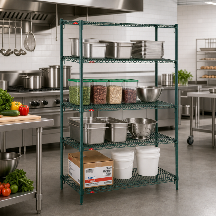 Product image #3 for Metro Super Erecta Super Adjustable Metroseal 3 Green Epoxy-Coated Wire Shelving Starter Unit, 36W x 24D x 63H, 4 Shelves
