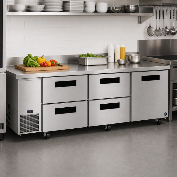 Product image #2 for Hoshizaki Steelheart ULR93B-D4 Three-Section Undercounter Refrigerator with 1 Solid Door and 4 Drawers, Side-Mounted Self-Contained Refrigeration