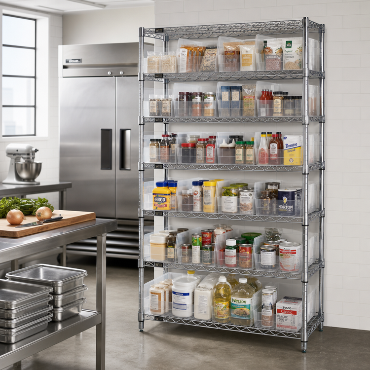 Product image #2 for Quantum Stationary Bin Wire Shelving System with 32 Clear Bins, 36 x 24 x 74 Inches, Chrome Plated