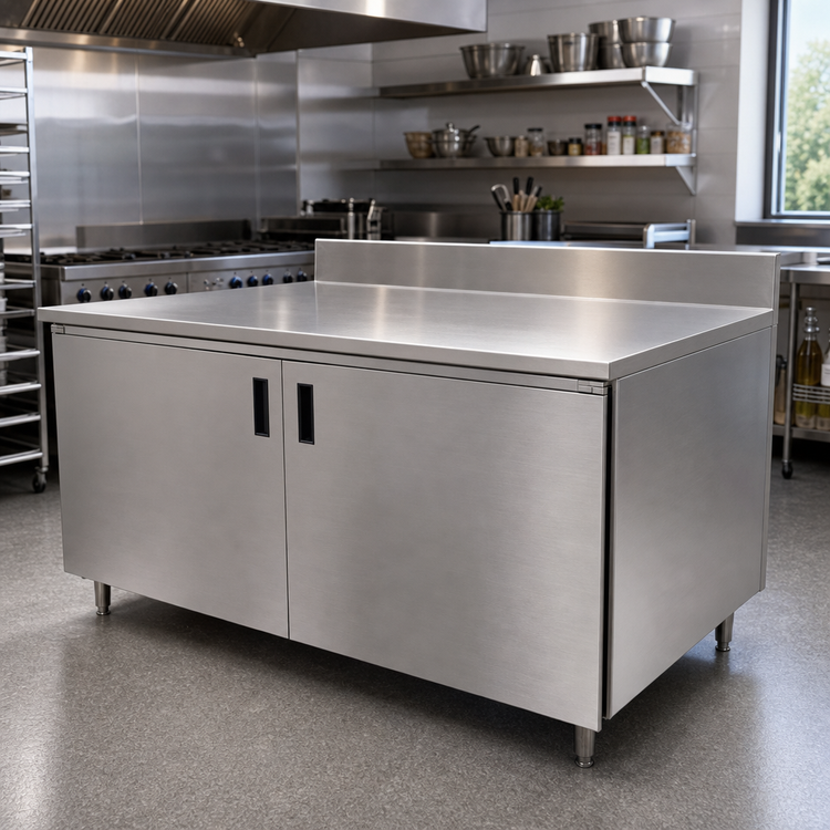 Product image #2 for Advance Tabco Special Value Economy Enclosed Work Table Cabinet Base, 96"W x 30"D, 16-Gauge 304 Stainless Steel Top, 5" Backsplash