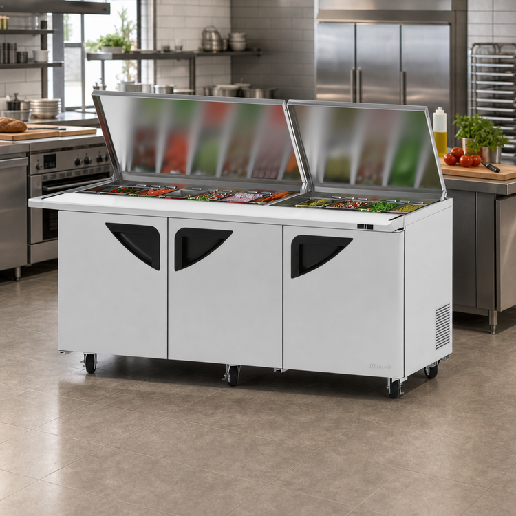 Product image #2 for Turbo Air Super Deluxe Three-Section Sandwich/Salad Mega Top Prep Table with Flat Lids and 30-Pan Opening