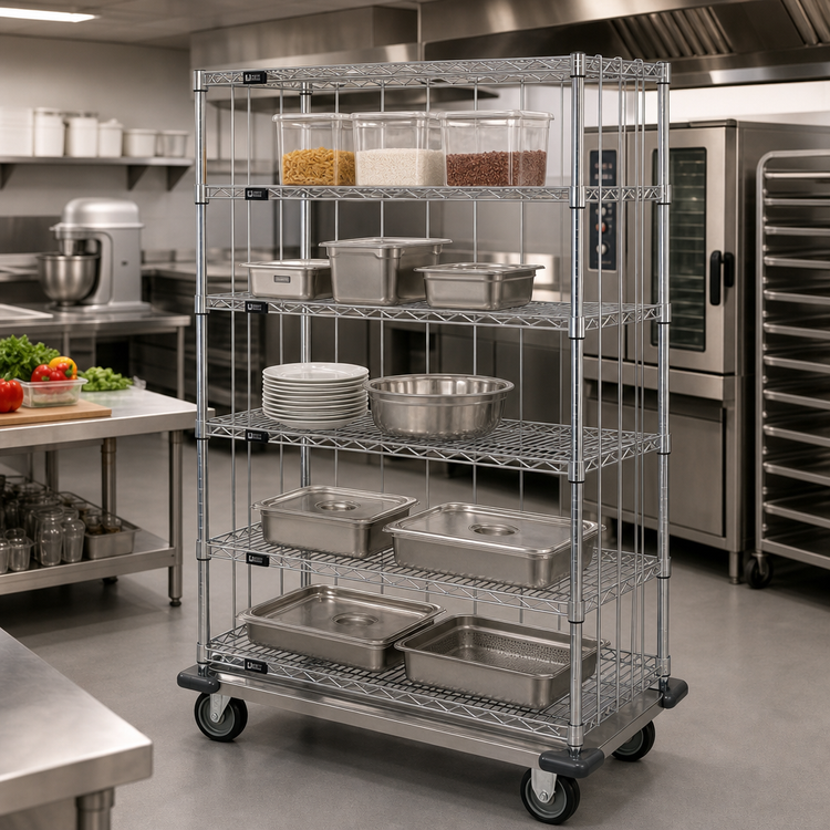 Product image #2 for Quantum Mobile Wire Shelving Enclosure Cart with 5 Shelves, 60 x 18 x 81 Inches, Chrome Finish
