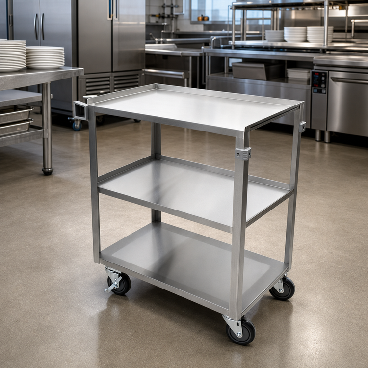 Product image #2 for Stainless Steel 3-Shelf Bussing Cart - 600 lb Capacity, 39.5 Inches W x 21.75 Inches D, 4 Casters (2 with Bumpers)
