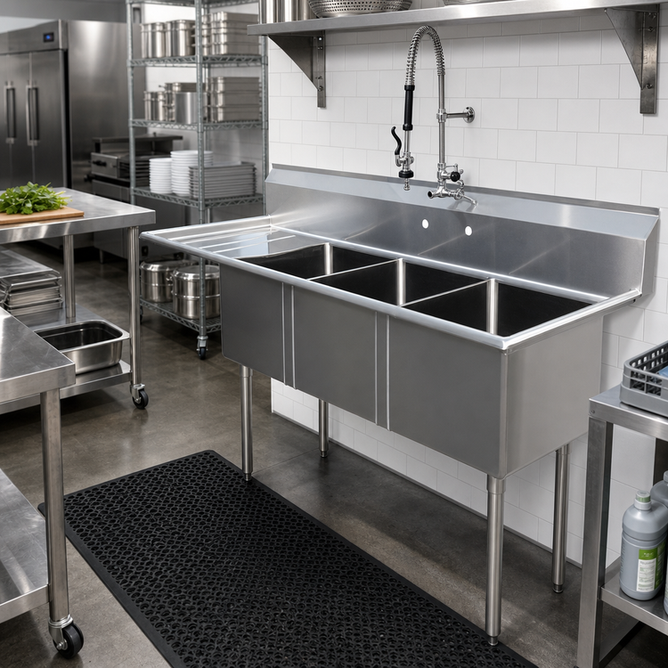 Product image #2 for 3-Compartment Pot Sink with Left Drainboard, 18 x 18 x 11 Inch Bowls, 304 Stainless Steel