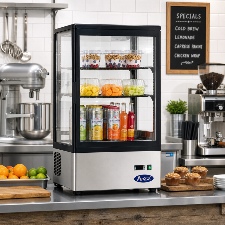Product image #2 for Atosa DSRC-28 Countertop Refrigerated Display Case, 2.8 Cu. Ft., 4-Sided Glass, Stainless Steel, 115V