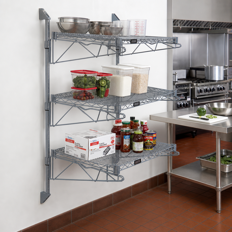 Product image #2 for Quantum Wall-Mounted Cantilever Starter Unit with 3 Wire Shelves, 54-Inch Posts, Gray Epoxy Finish
