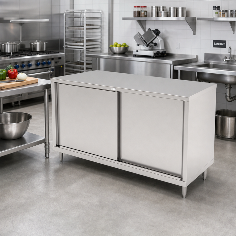 Product image #2 for John Boos 84 x 36 Inch Enclosed Cabinet Base Work Table with Sliding Doors, 16-Gauge 300 Series Stainless Steel Top